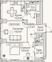 Планировка: 2-к, 62,8 м²