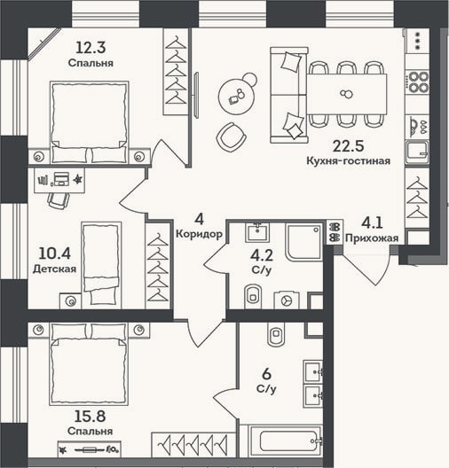 Планировка: 4+ к, 79,3 м²