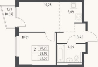 Планировка: 2-к, 32,9 м²