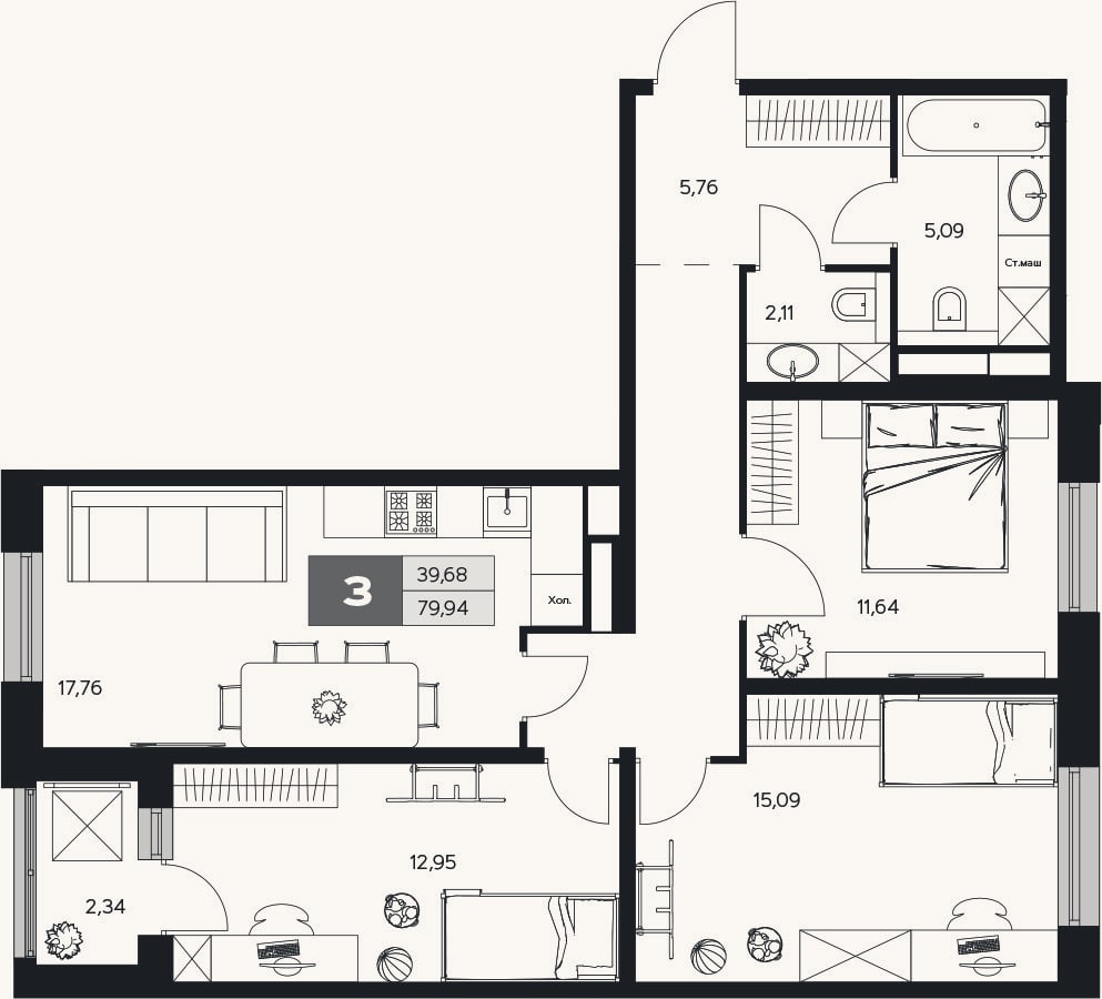 Планировка: 3-к, 77,6 м²