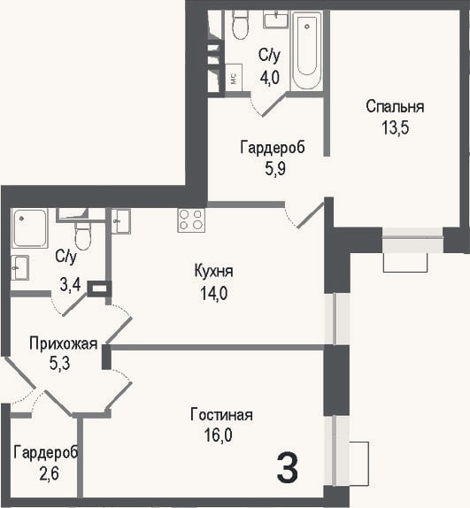 Планировка: 2-к, 64,7 м²