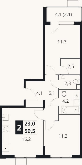 Планировка: 2-к, 57,4 м²