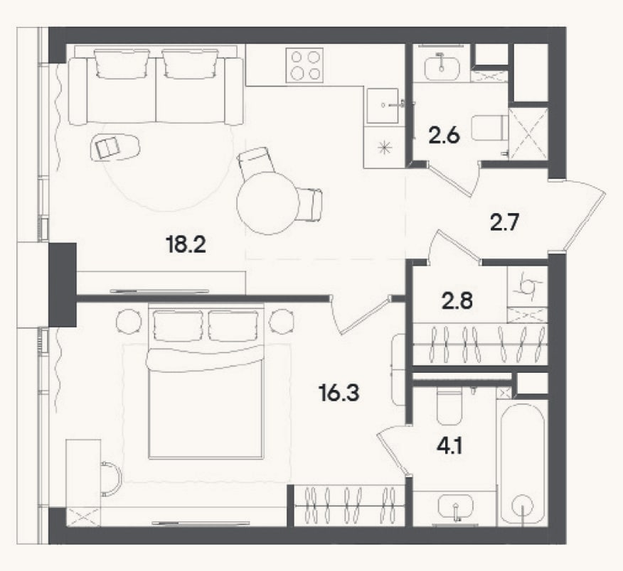 Планировка: 2-к, 47 м²
