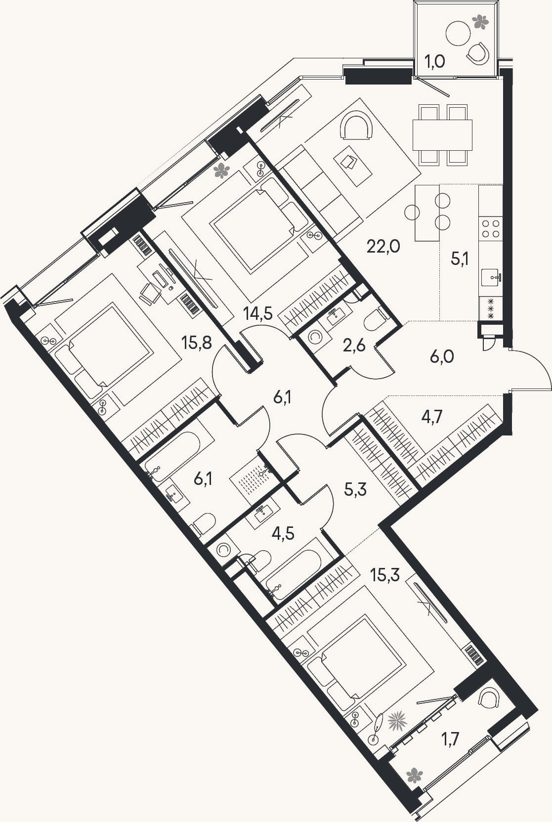 Планировка: 4+ к, 108 м²
