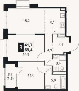 Планировка: 3-к, 67,5 м²