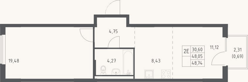 Планировка: 2-к, 48,1 м²