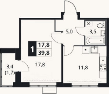 Планировка: 1-к, 38,1 м²