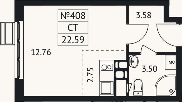 Планировка: Студия, 22,6 м²