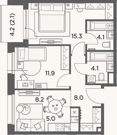 Планировка: 3-к, 56,6 м²