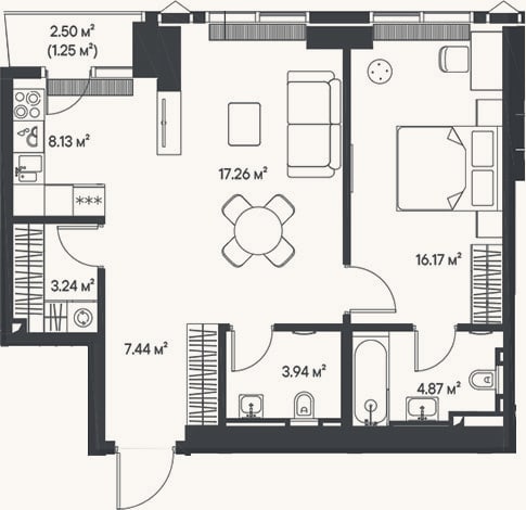 Планировка: 2-к, 61,1 м²