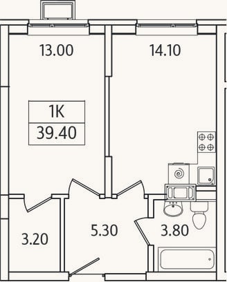 Планировка: 1-к, 39,4 м²
