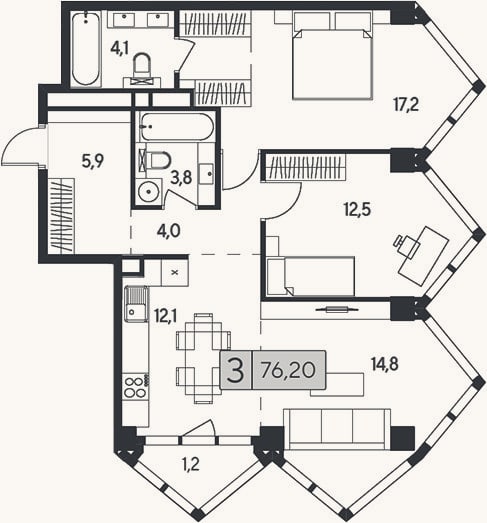 Планировка: 3-к, 75 м²