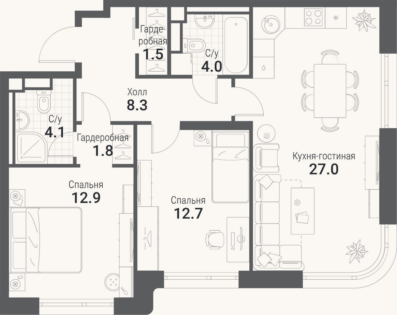 Планировка: 3-к, 71,8 м²