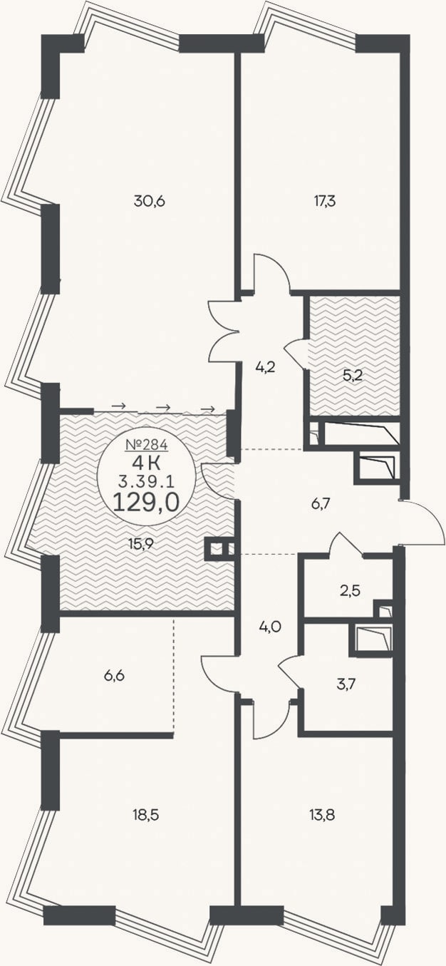 Планировка: 4+ к, 129 м²