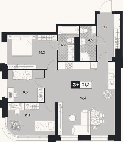 Планировка: 3-к, 91,3 м²