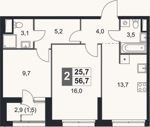 Планировка: 2-к, 55,2 м²