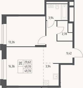 Планировка: 2-к, 49,7 м²