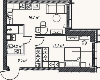 Планировка: 2-к, 43,6 м²