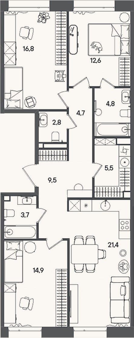 Планировка: 3-к, 96,7 м²