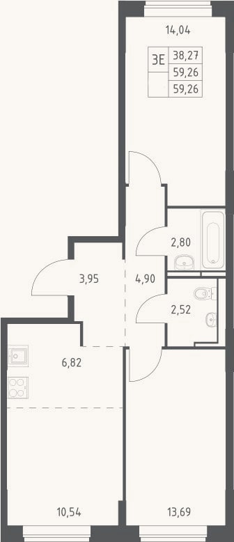 Планировка: 3-к, 59,3 м²