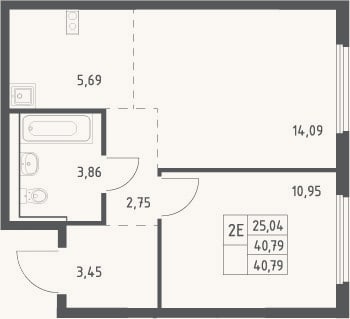 Планировка: 2-к, 40,8 м²