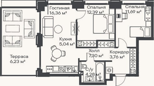 Планировка: 3-к, 60,8 м²