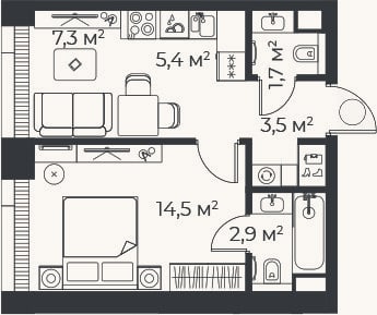 Планировка: 2-к, 35,3 м²