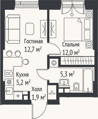 Планировка: 2-к, 37,1 м²