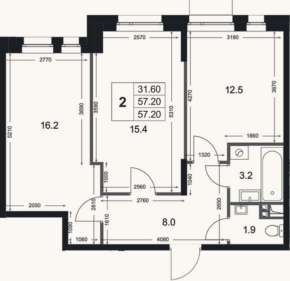 Планировка: 2-к, 57,2 м²