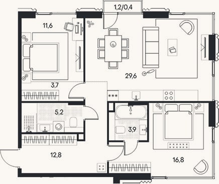 Планировка: 3-к, 83,6 м²