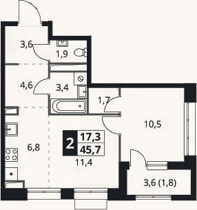 Планировка: 2-к, 43,9 м²