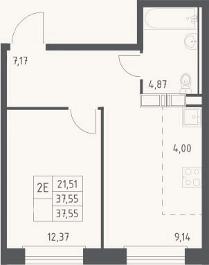 Планировка: 2-к, 37,6 м²