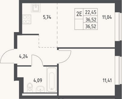 Планировка: 2-к, 36,5 м²