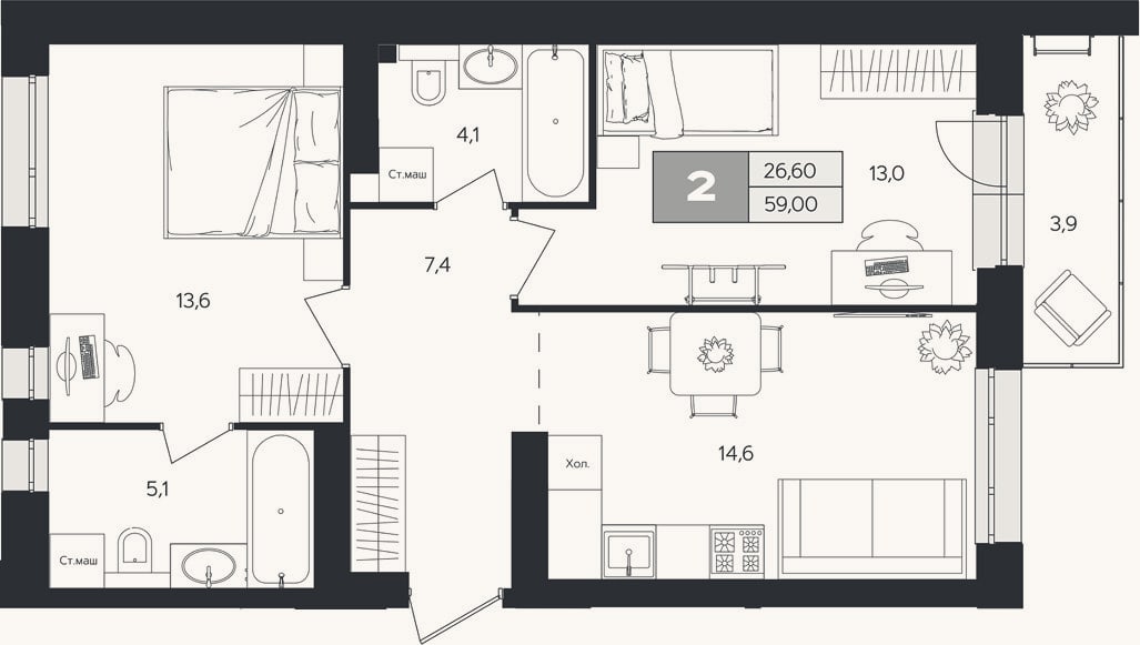 Планировка: 2-к, 57,8 м²