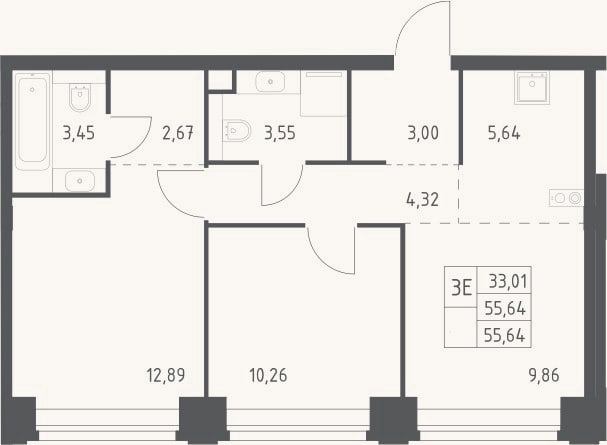 Планировка: 3-к, 55,6 м²