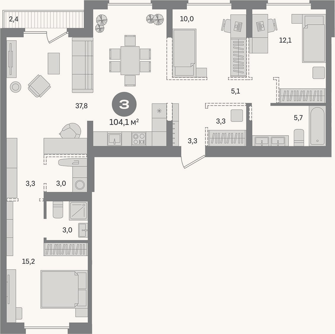 Планировка: 3-к, 101,7 м²