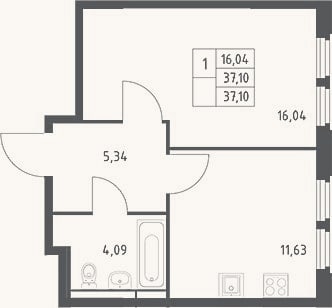 Планировка: 1-к, 37,1 м²