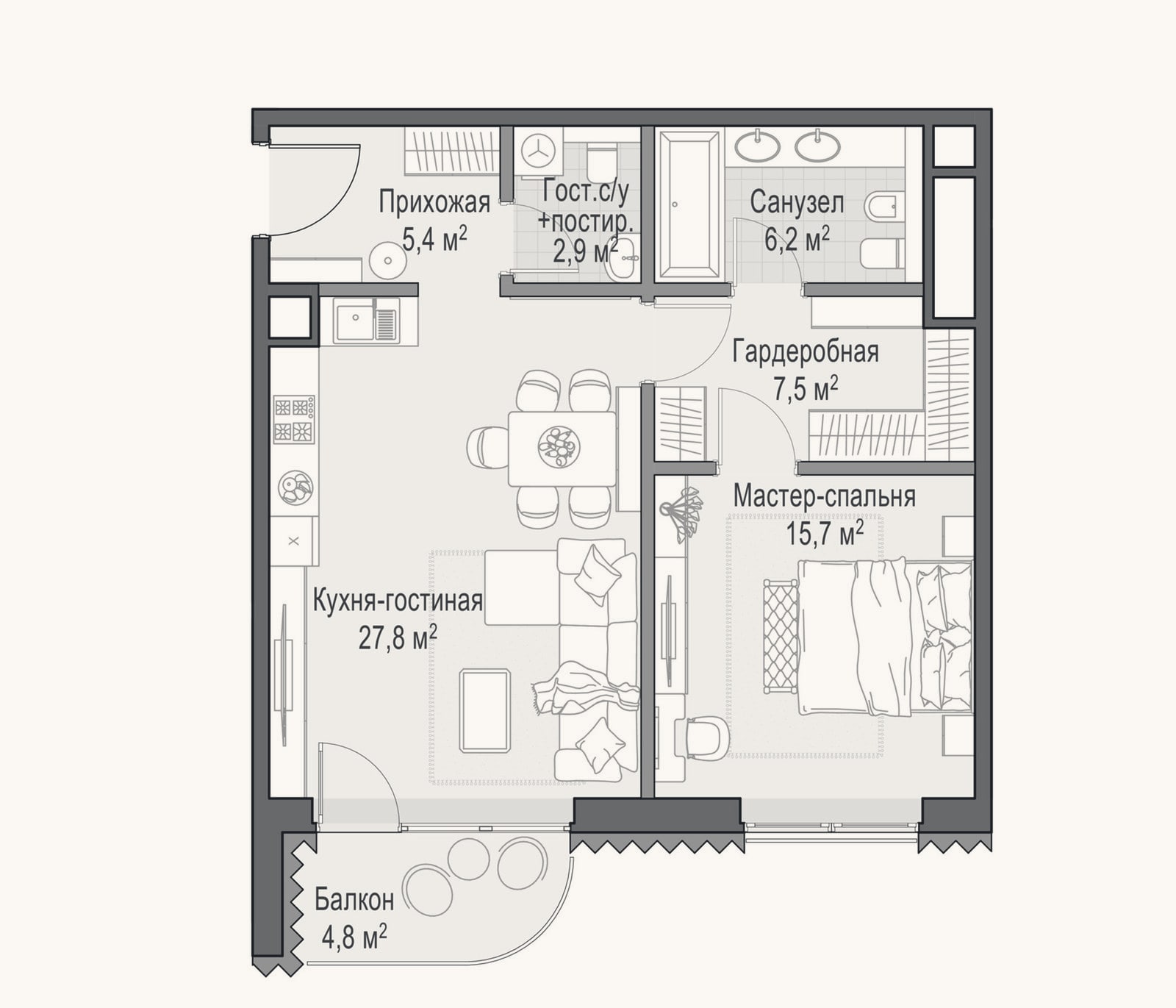Планировка: 2-к, 65,6 м²