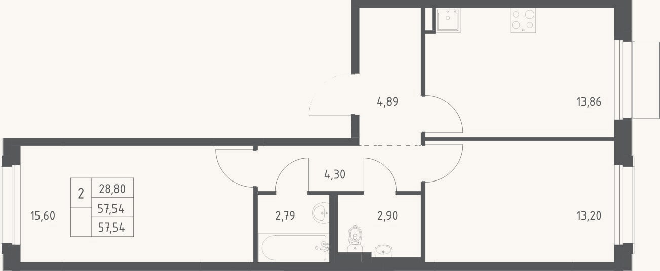 Планировка: 2-к, 57,5 м²