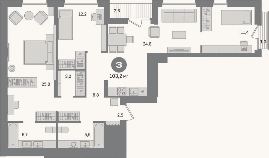 Планировка: 3-к, 99,6 м²