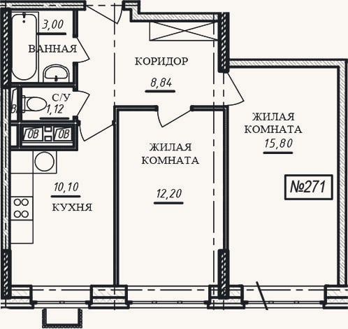 Планировка: 2-к, 51,1 м²