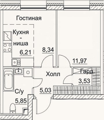 Планировка: 1-к, 40,9 м²
