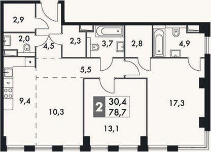 Планировка: 3-к, 78,7 м²