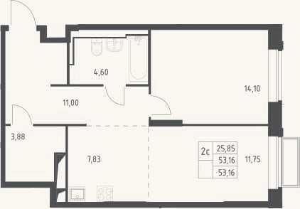 Планировка: 2-к, 53,2 м²