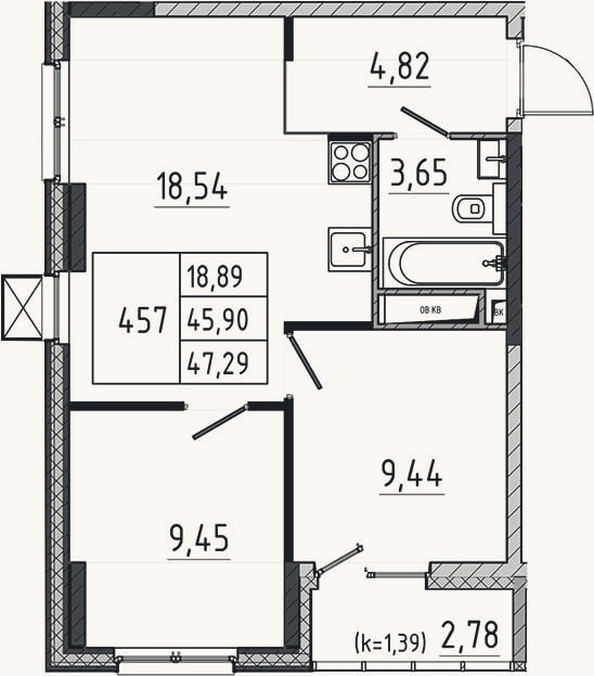 Планировка: 3-к, 45,9 м²