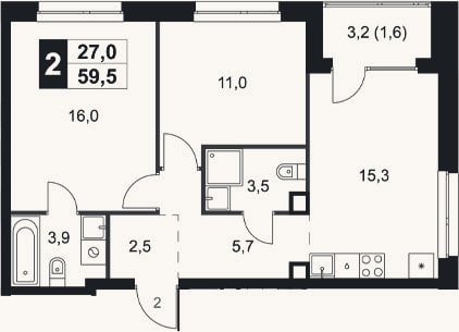 Планировка: 2-к, 57,9 м²