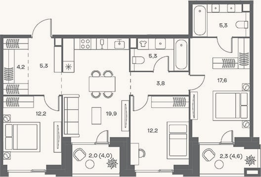 Планировка: 4+ к, 85,8 м²