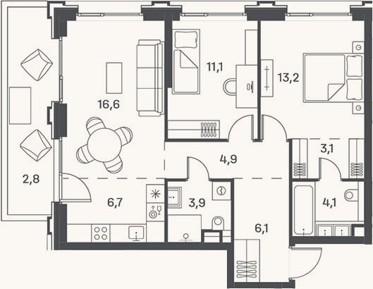 Планировка: 3-к, 69,7 м²