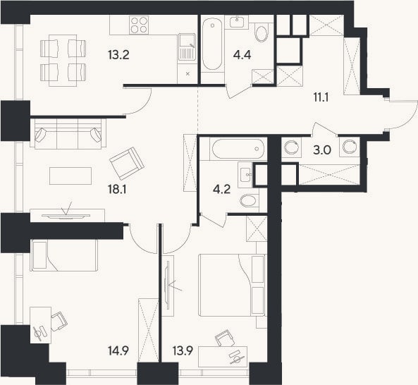 Планировка: 3-к, 82,8 м²