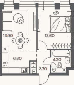 Планировка: 2-к, 42,2 м²
